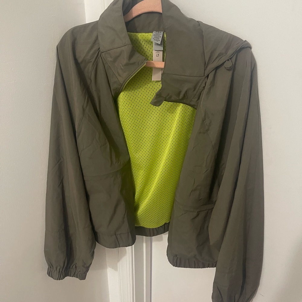 Olive Green Windbreaker with Neon Yellow Lining